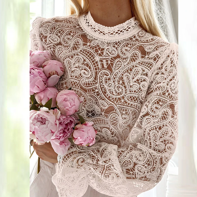 

Весенне-летняя свободная футболка с вырезами, повседневный топ для отдыха и работы, женская блузка с воротником-стойкой и длинными рукавами, кружевная рубашка