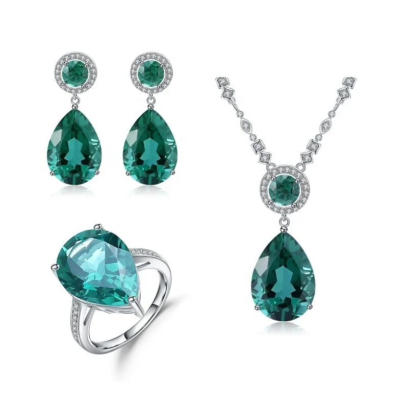 

Drop Shipping Abiding Classic Elegant 925 Silver Synthetic Green Crystal Tear Drop Jewelry Set For Wedding