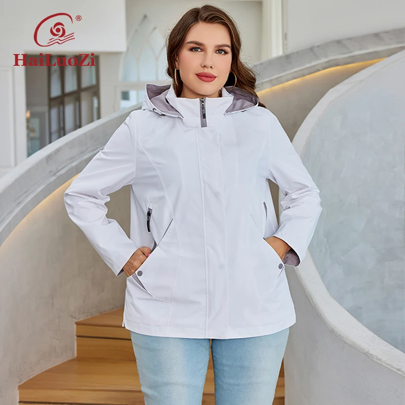 HaiLuoZi-gabardina corta de talla grande para mujer, prendas de vestir con capucha desmontable, chaqueta de Color sólido con bolsillo inclinado,