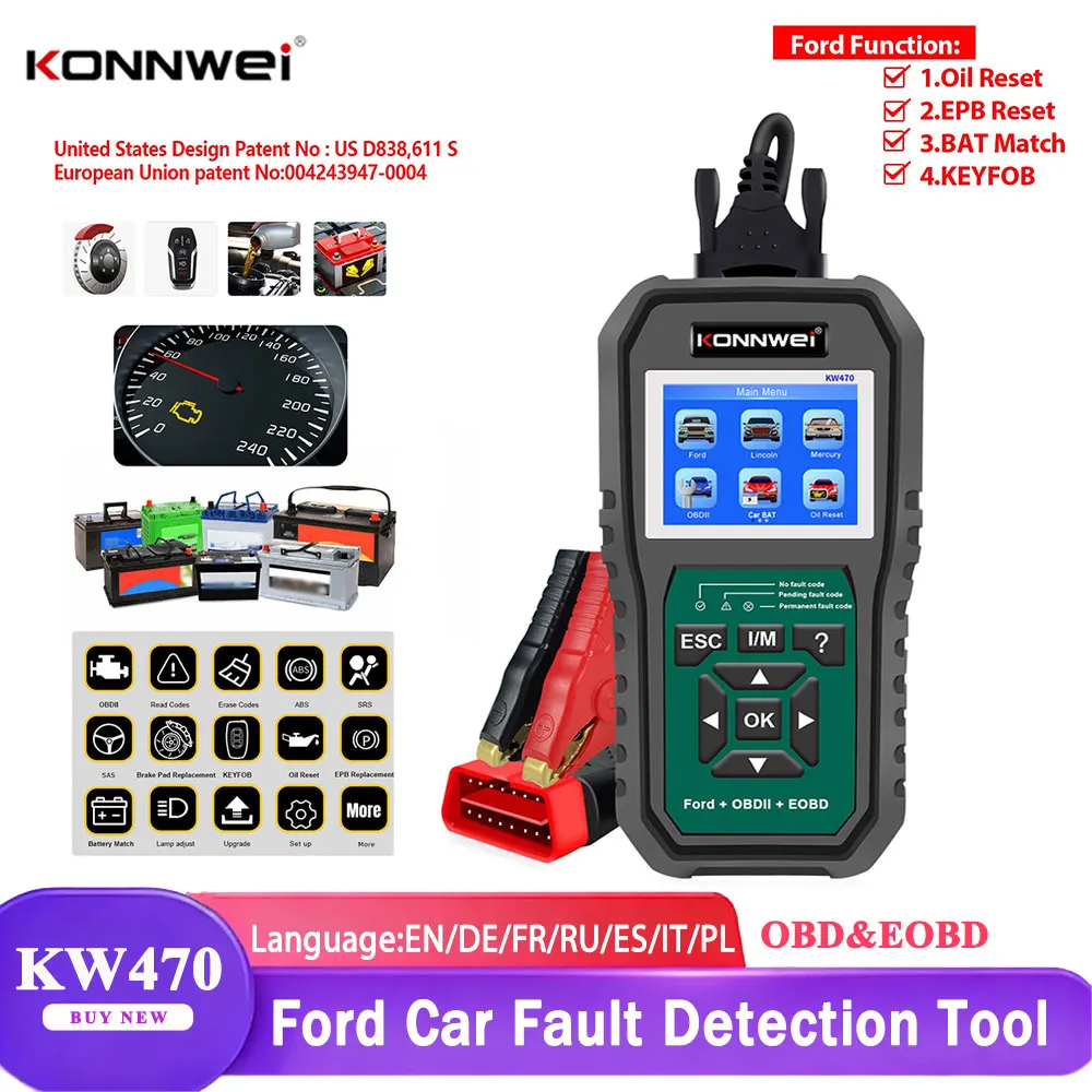 

KONNWEI KW470 для Ford Car OBD2 сканер полные функции OBDII ABS SRS сканирующий инструмент с активным тестом 3, инструмент сброса сервисного масла/SAS/BMS