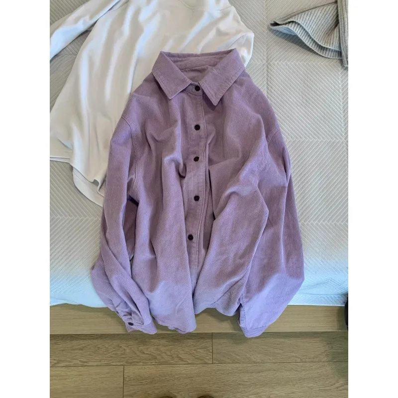 

Gentle Korean-style Purple Corduroy Long-sleeved Shirt Women Top 2025 New Early Spring Autumn Layering Inner Women's Clothing