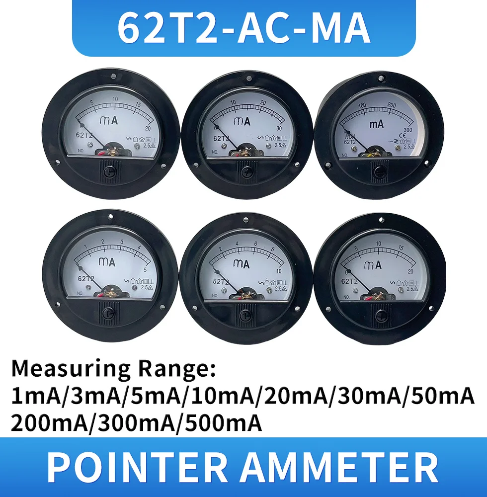 62T2 1mA 2mA 3mA 5mA 10mA 50mA 100mA 200mA 300mA400m   500mA Analog Voltmeter Voltage Meter Measuring Gauge Class 2.5 AC