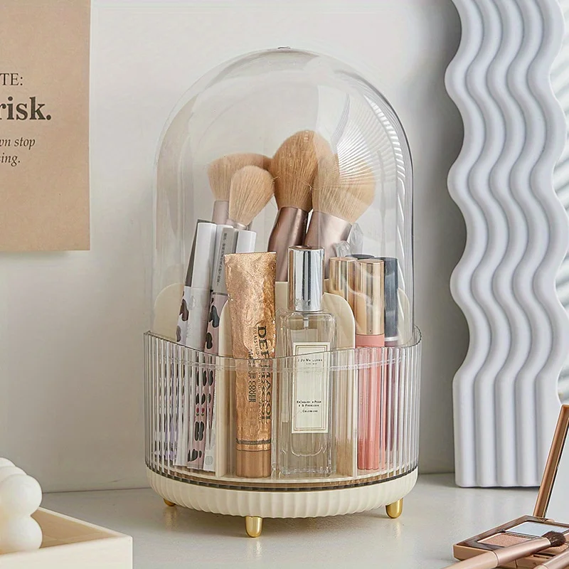 360 Rotating Makeup Brush Holder with Lid Vanity Cosmetic Organizer Lipstick Storage Box Cotton Swab Container Makeup Tool Storage