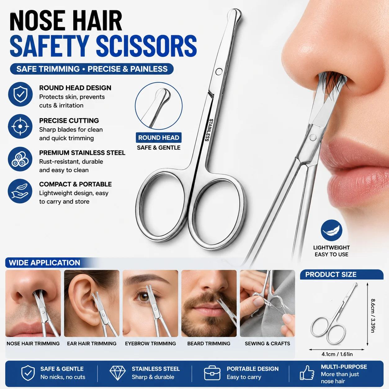 Rounded Tip Safety Facial Hair Scissors Stainless Steel Nose Hair Mustache Beard Eyebrow Trimmer