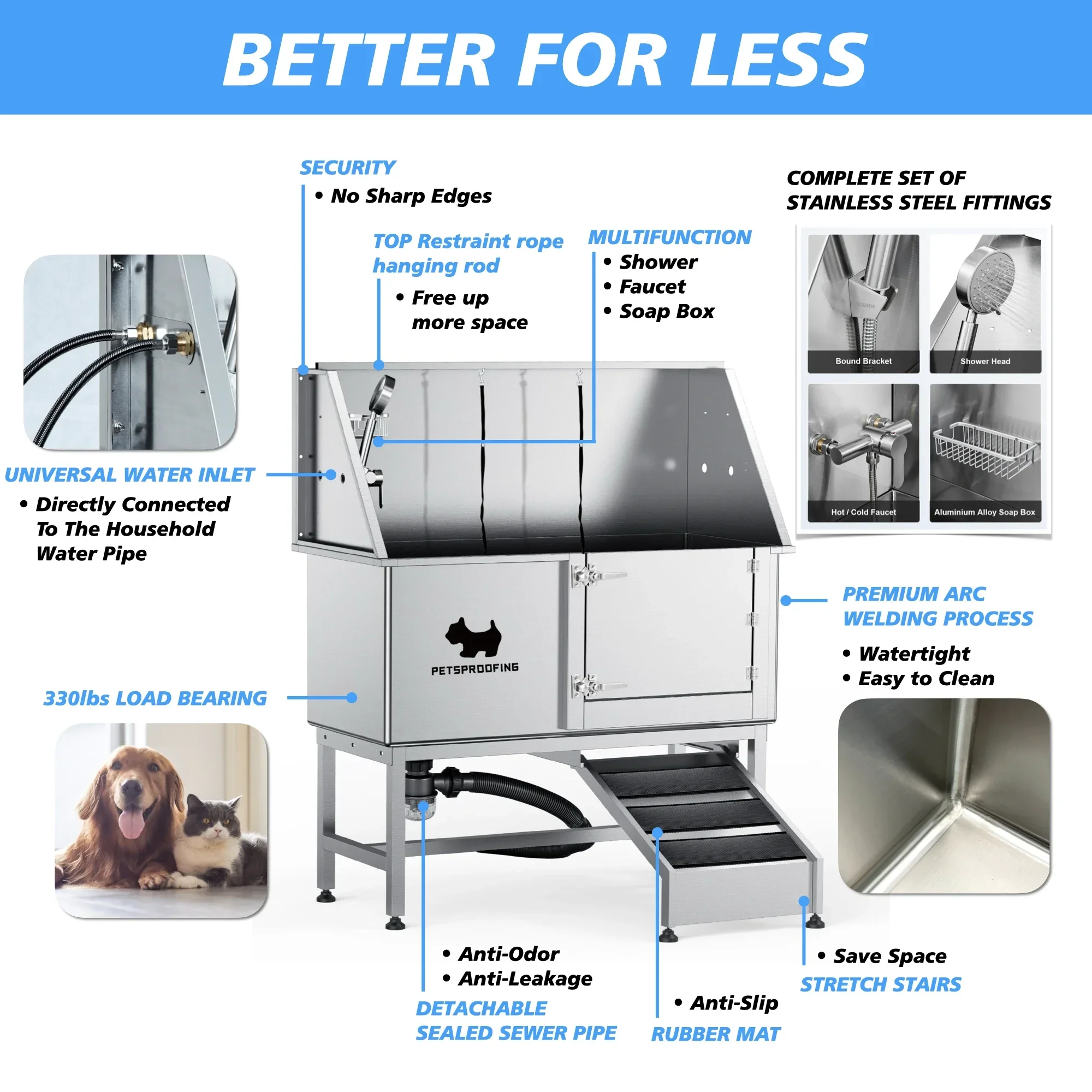 Stainless Steel Large Pet Bathtub Non-slip Pet Bath Wash Tub With Removable Stairs For Large Cat Dog Grooming Pet Shop Home