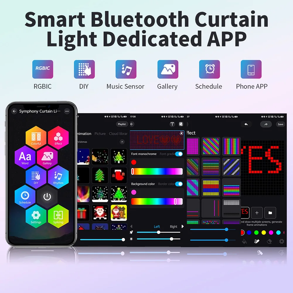 Smart Curtain Lights Bluetooth App Control RGBIC LED String Waterproof Fairy Light USB DIY Text Pattern Display Party Room Decor