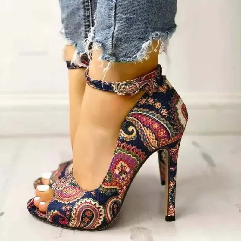 Europe And America Super High Women's High Heels Fish Mouth Thin Heels Ethnic Print Open Toe Shoes 2024 Autumn New Style