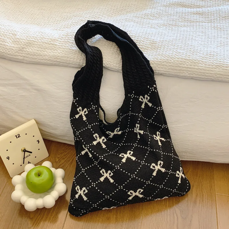 Women Knitting Shoulder Bag Large Capacity Crochet Grocery Bag Contrast Color Travel Shopping Handbag Ladies Daily Handbag