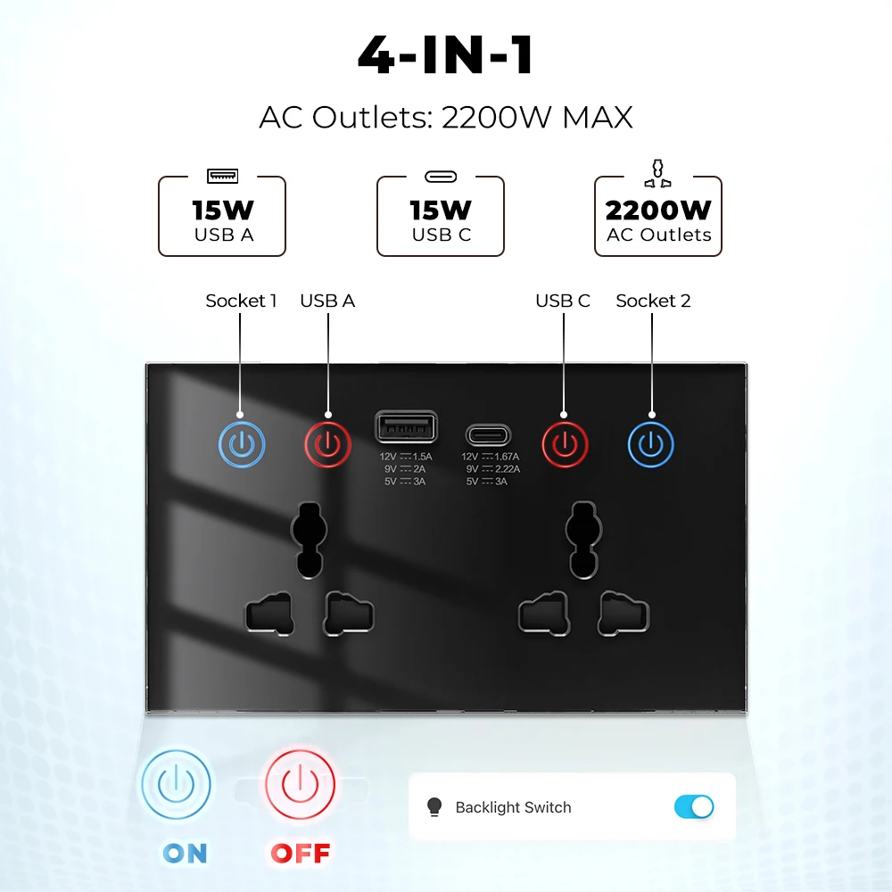 SMATRUL-Wi-Fi壁コンセント,USBおよびType-Cポート,3A,US, EU, UK,電源モニター,10A