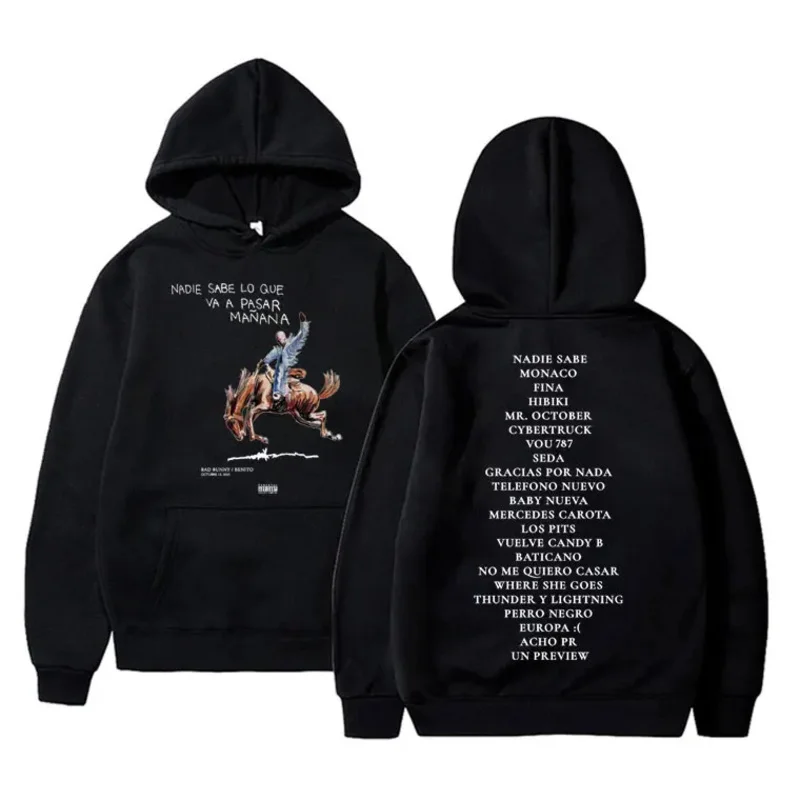 Rapper Bad Bunny Nobody Knows What's Going To Spend Tomorrow Music Album Hoodie Men Hip Hop Hoodies Oversized Sweatshirt Male St