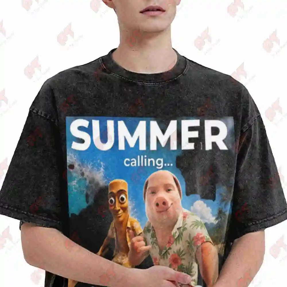 Summer Vacation Bros Selfie John Pork Tung Sahur Trip Vintage Washed Tee Pure Cotton T-Shirt