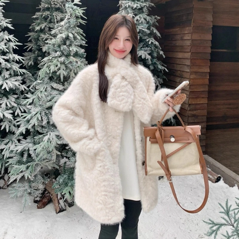 Women Faux Fur Coats Mid Length Jackets Round Neck Full Sleeve Coat Thick Warm Y2k Streetwear Jacket Elegant Work Outerwear