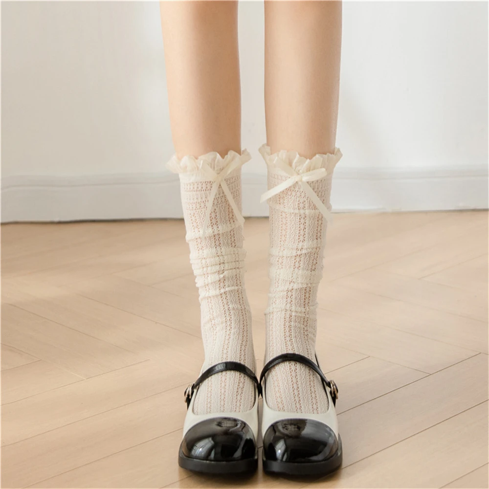 Sweet Lace Long Socks Japanese Lolita High Knee Socks Female Hollow Mesh Leg Warmers Harajuku  Bow Thigh High Stocks Streetwear