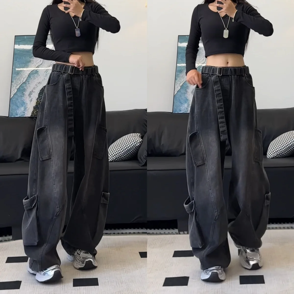 

Джинсы JAVE PASOK в американском стиле, повседневные, свободного кроя, унисекс, с множеством карманов, в уличном стиле, свободные длинные брюки, осенние, модные