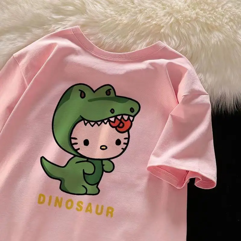 Girls cotton T-shirt summer 2024 new cartoon cute kitty cat short sleeve medium and older children loose children's top