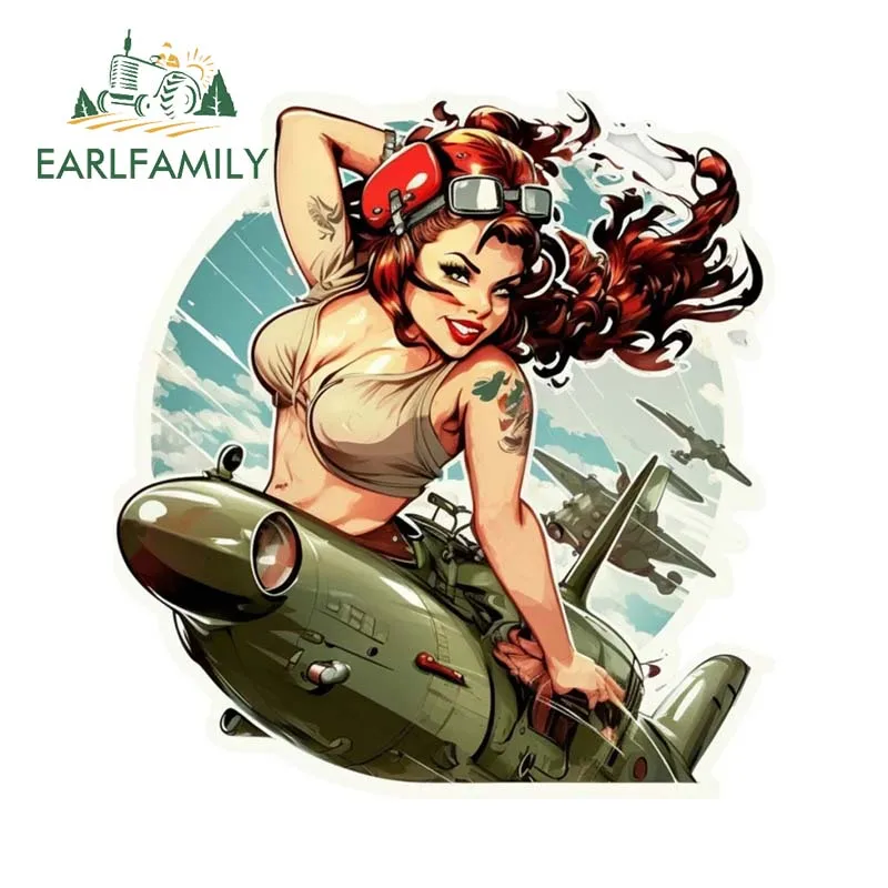 EARLFAMILY 13cm x 12.1cm for Aviation Pin Up Girl Car Sticker Creative Laptop Vinyl Decal Personality Windows Surfboard RV Decor