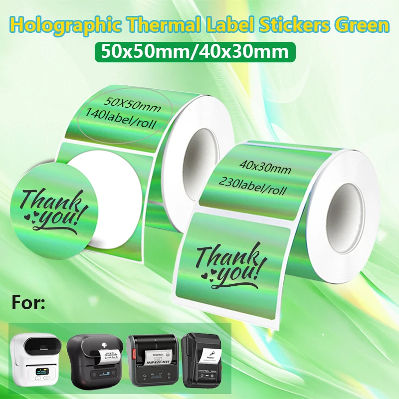 

50mm Green Holographic Thermal Label sticker Compatible Phomemo M110 M220 round Printable Self-Adhesive laser thermal labels