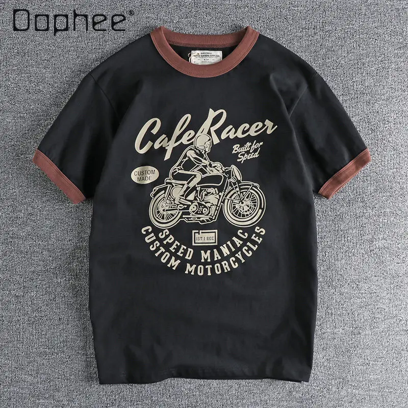 

Summer New American Street Retro Style Men's Motorcycle Letter Print Versatile Loose Black White Blue Short Sleeve T-shirt