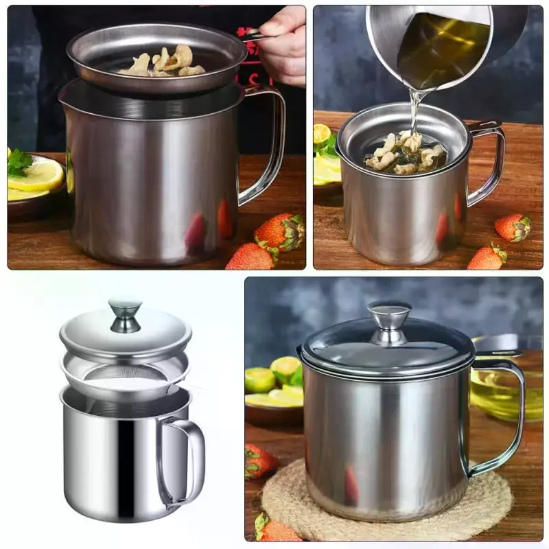 Oil Filter Pot Kitchen Oil Container Can With Fine Mesh Strainer For Home Kitchen Frying Oil Storage Reuse Stainless Steel