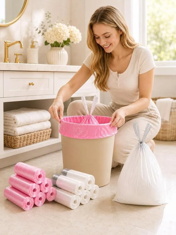 200Pcs Pink & White Drawstring Trash Bags – 4–5 Gallon Small Garbage Bags, Heavy Duty Leakproof Odor-Control Liners For Bathroom, Kitchen, Bedroom & Home Use, Durable Strong Household Waste Bags