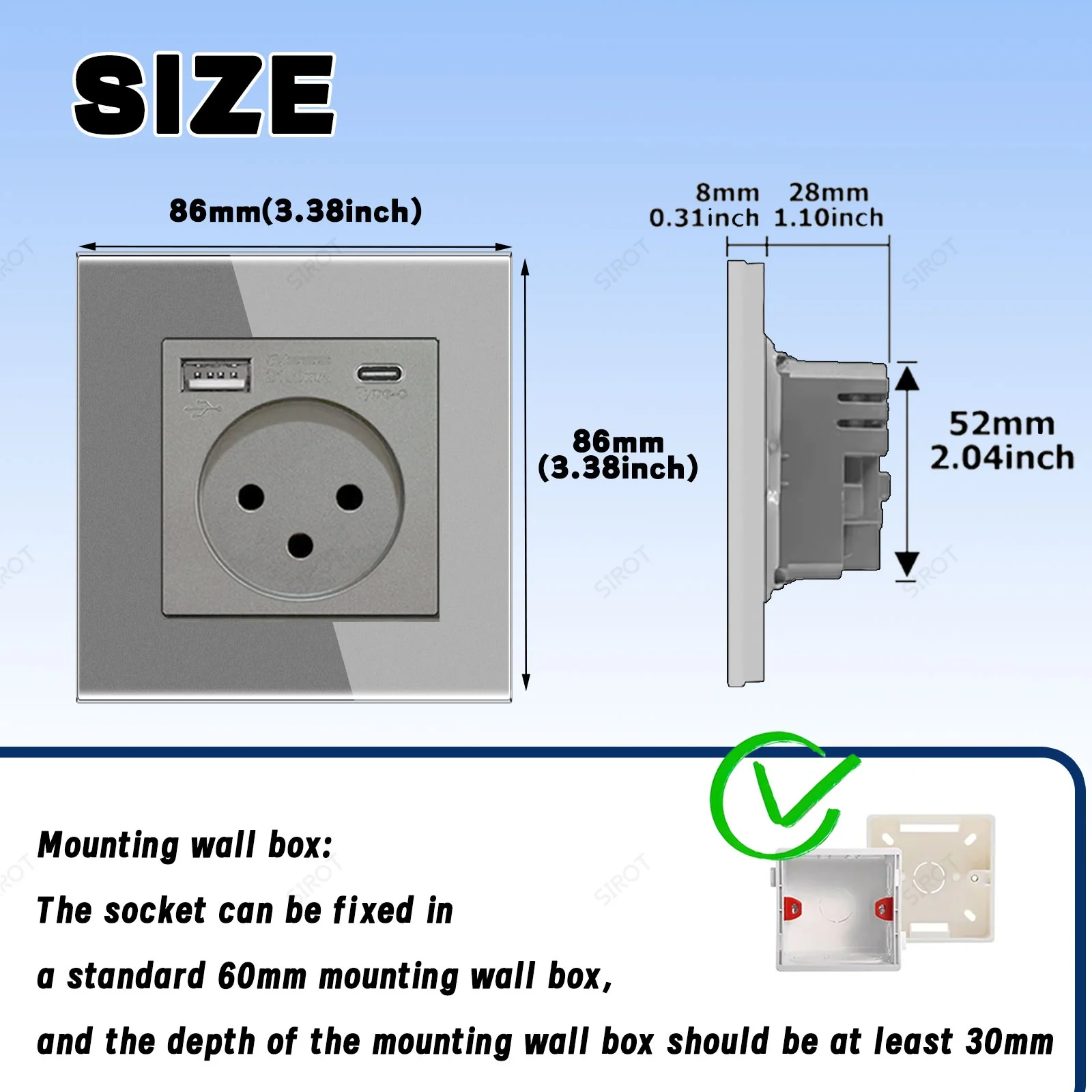 SIROT Israel Wall Power Switch Socket 16A, Grey Crystal Glass Panel USB Type C Electrical Outlet for Israeli Home Bedroom Office view 6