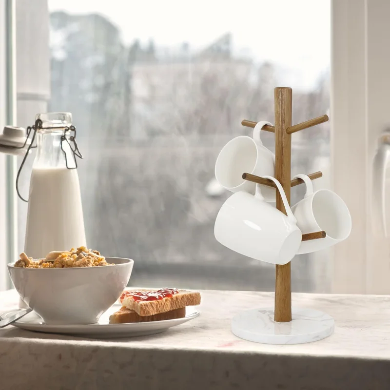 Wood Mug Holder, Marble Base Cup Rack Tree, Stand Hanger, Kitchen Coffee  Countertop Tea  , Dryer