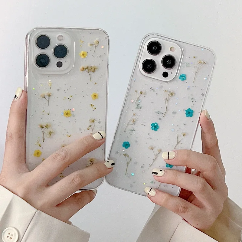 Luxury Dried Real Flower Bling Glitter Phone Case for iPhone 14 13 12 11 Pro XS Max XR X 7 8 Plus SE 2 3 Transparent Clear Cover