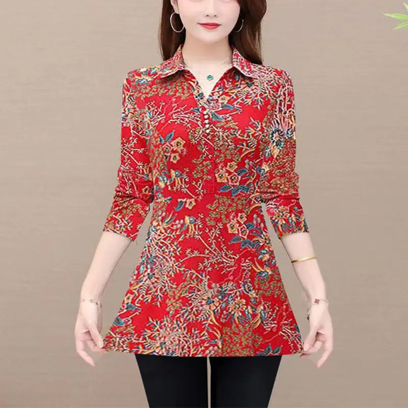 Stijlvolle Folk Gebroken Bloemen Blouse Vintage Casual Revers Lente Herfst Knoop Lange Mouw Dameskleding Pendelbedrukt Shirt