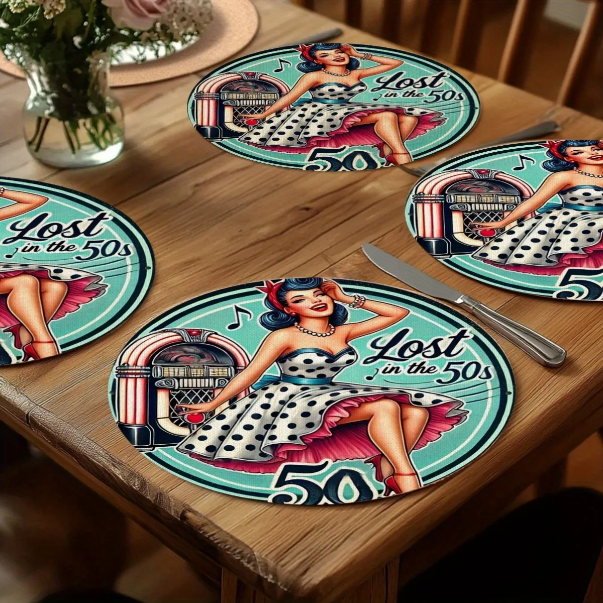 4PCS retro music girl 50's, suitable for home kitchens, theme parties and retro dining decoration, bright print quality 15X15 inches