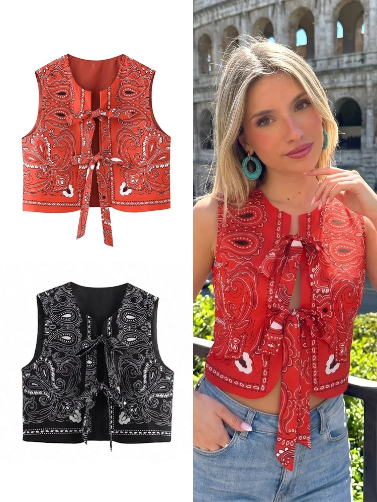 HH Women Elegant Paisley Print Sleeveless Waistcoat Front Bow O Neck Casual Style Lace Up Vest Weekend Vintage Office Lady Top