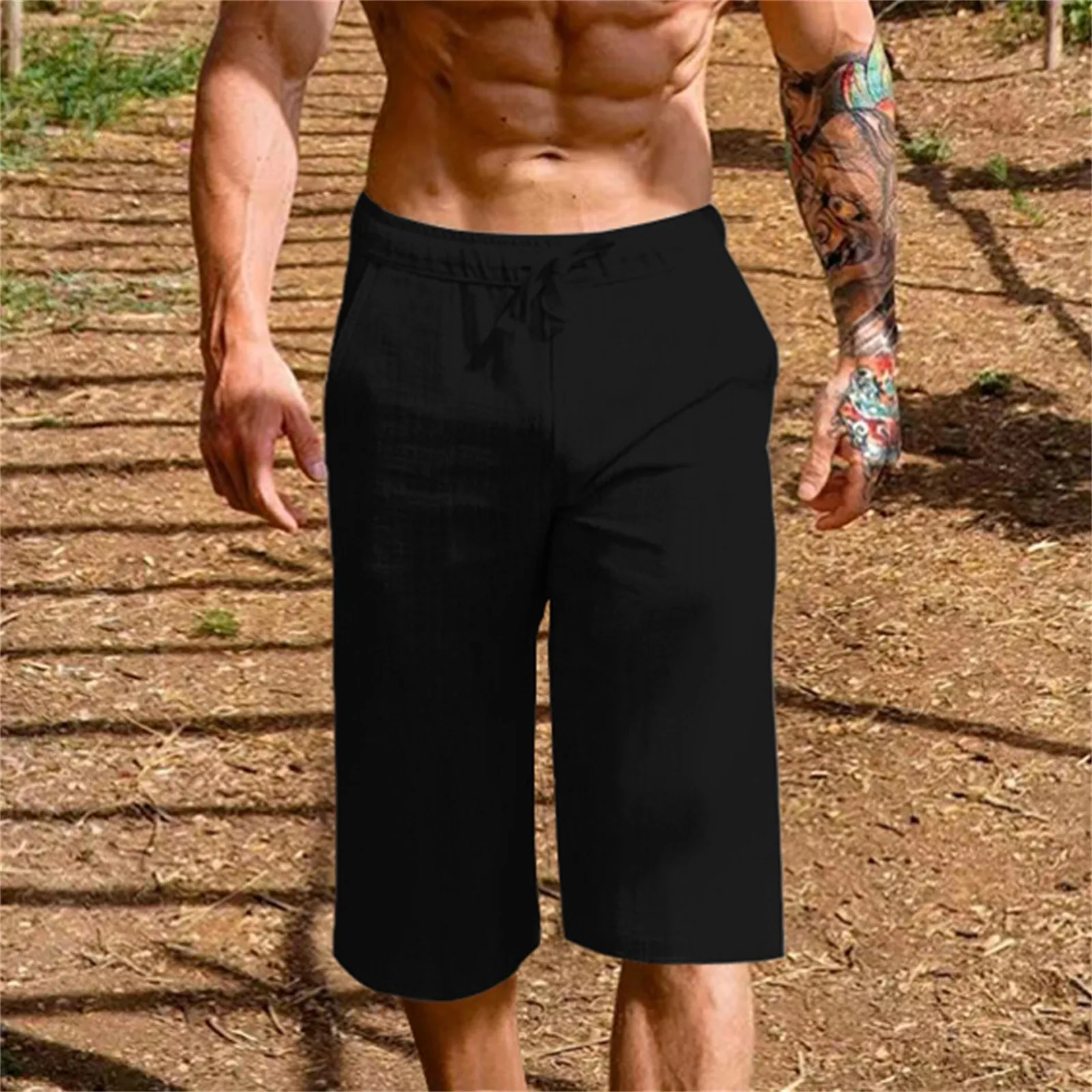 

Mens Linen Shorts Pants black loose Men Casual Capri Pant Summer Beach Yoga Shorts With Pockets holiday suits Trousers