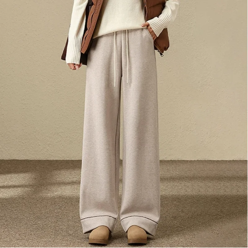 

Women Cashmere Glutinous Rice Pants Autumn Winter Style High Waist Drooping Versatile Fleece Lined Floor Length Wide Leg Pants