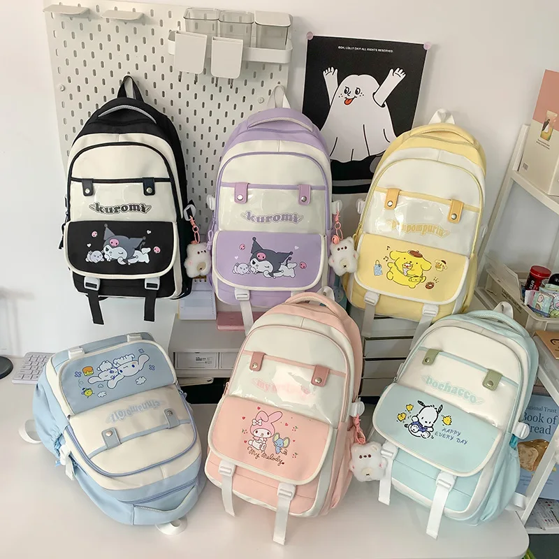 

Школьный ранец Kuromi Kawaii Sanrio аниме Cinnamoroll My Melody pompurin, рюкзак для девочек, милый мультяшный рюкзак для студентов, вместительная сумка