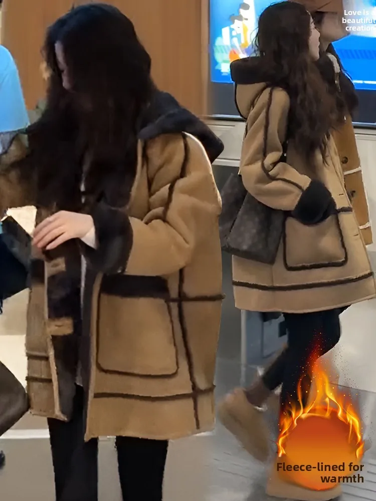 Ladies Thiened Lamb Fur Jaet with Hood And Large kets Casual Sle Loose Fit Warm Outerwear for Autumn Winter - Image 2