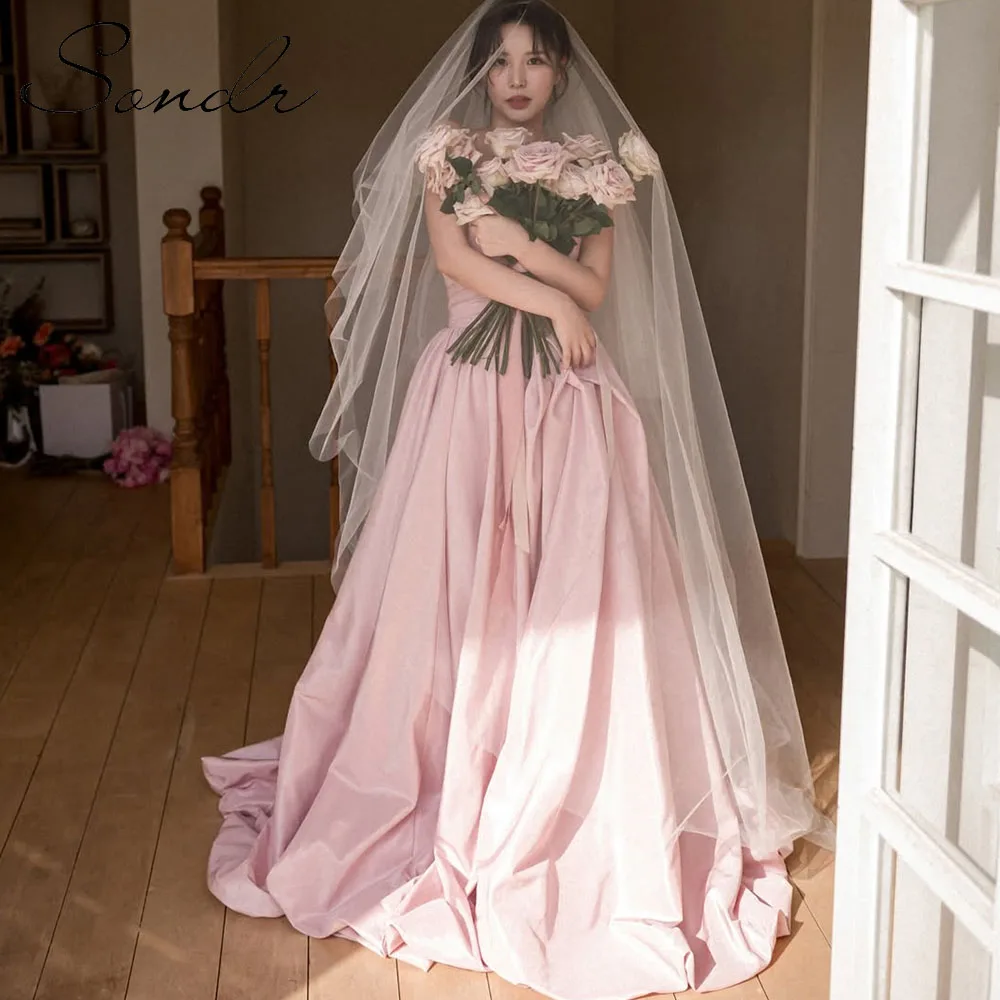 Sondr lindos vestidos de casamento rosa coreano personalizado sem alças uma linha elegante vestidos de casamento snap tafetá vestidos de noite