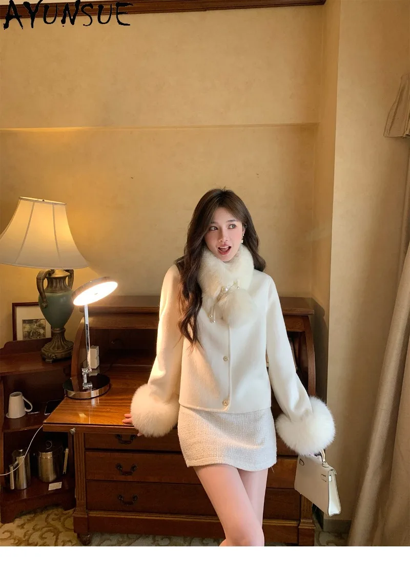 AYUSNUE Natural Double Face Cashmere Coat New Wool Overcoat with Fox Fur Collar Ladies Winter Clothes Short Length Fashion Slim