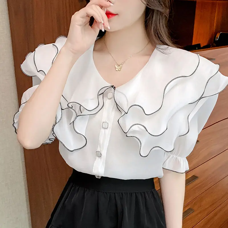 

Simplicity Solid Color Summer Women Ruffles Round Neck Contrasting Colors Single-breasted Chiffon Short Sleeve Office Lady Shirt