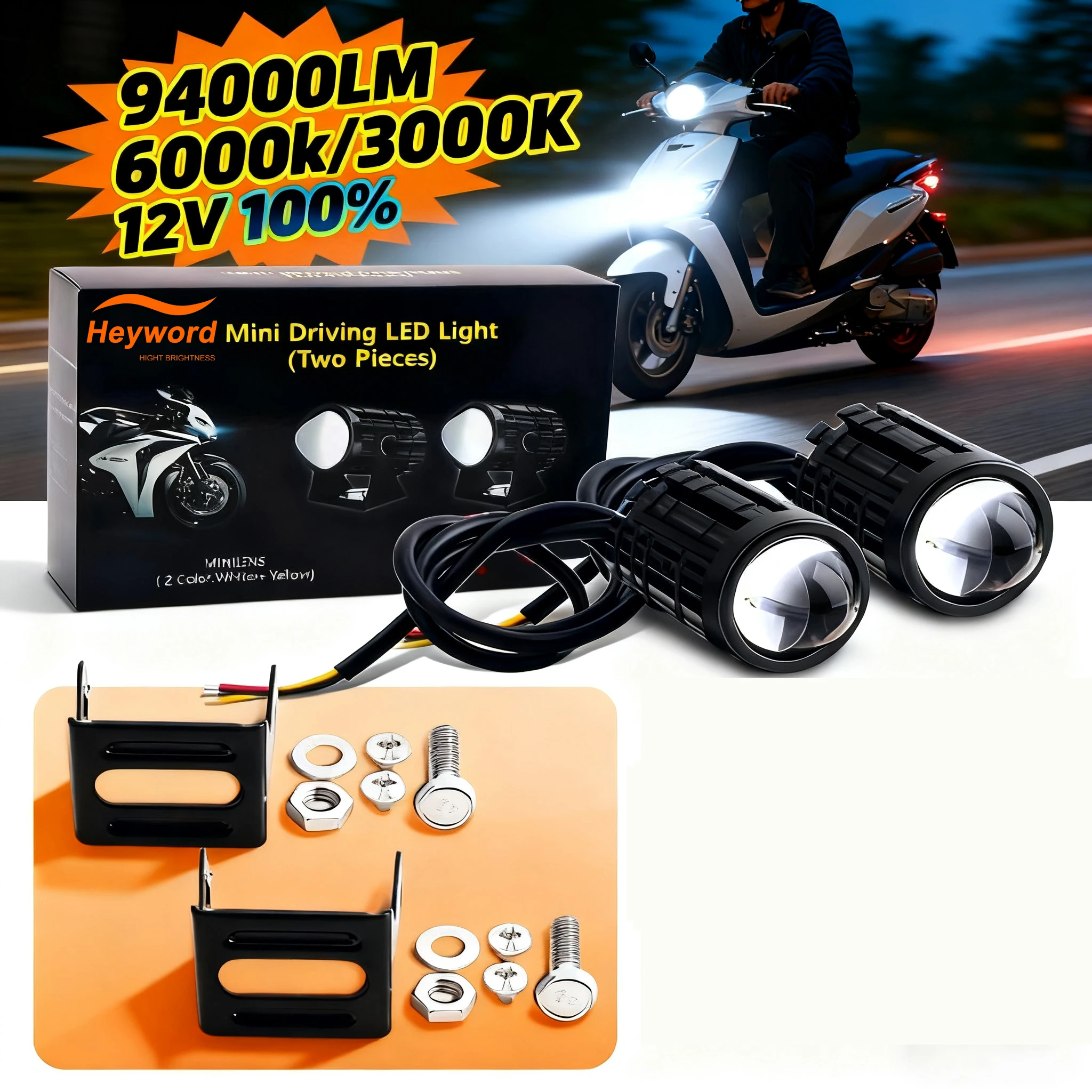 

Heyword Мотоциклетные светодиодные противотуманные фары ATV Противотуманные фары Вспомогательный прожектор Линза проектора Супер яркий электродвигатель Противотуманная фара