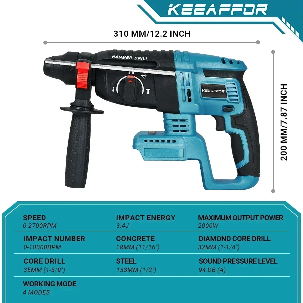 KEEAFFOR Multifunctional Brushless Electric Hammer Cordless Rotary Hammer Drill Industrial Impact Drill For Makita 18V Battery