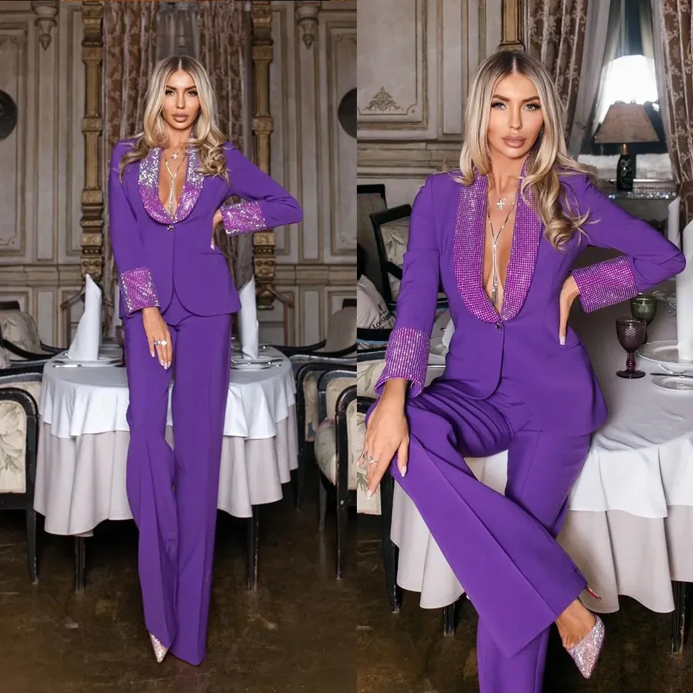 

Women Purple 2 Pieces Party Suit Deep V Neck Work Jacket Tailored Sequins Blazer Pants Fashion Real Image Coat+Wide Leg Pants