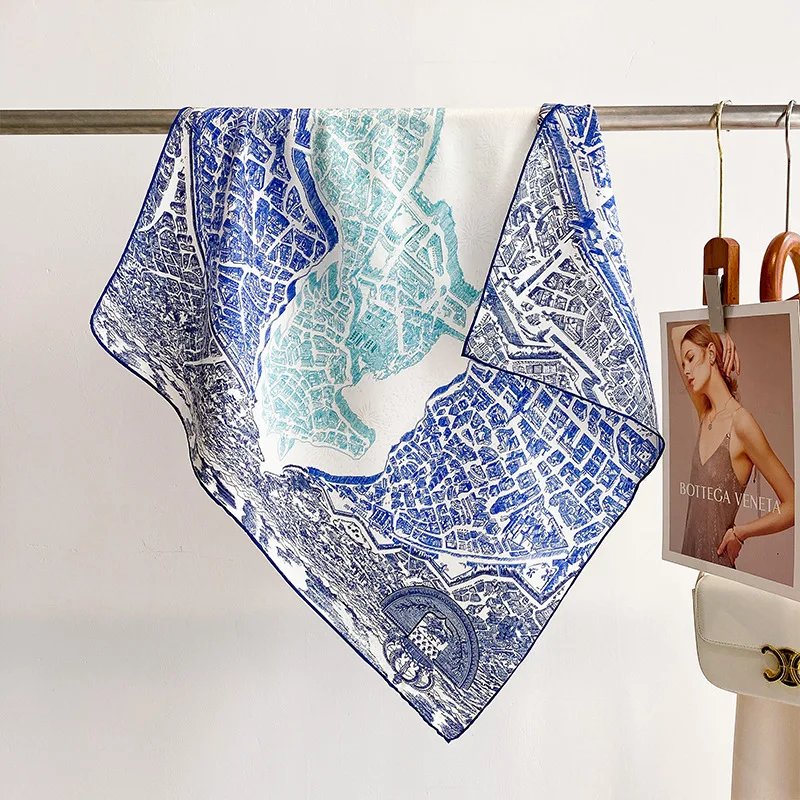 Retro City Map Bandana 100% MULBERRY SILK 65X65cm Cream Shades of Blue Urban Blueprint Neck Hair Wrap Women Holiday Gift view 4