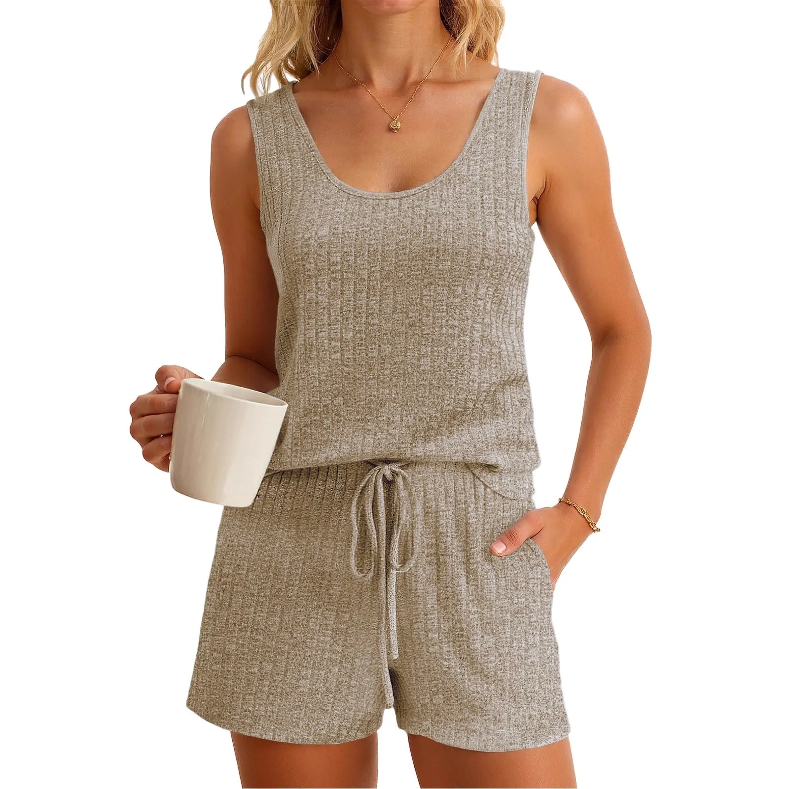 Women's Spring Summer Solid Color Knit Shorts Sleeveless Patchwork Tie Waist Capri Length Loungewear Bottoms Tank Top Two Piece