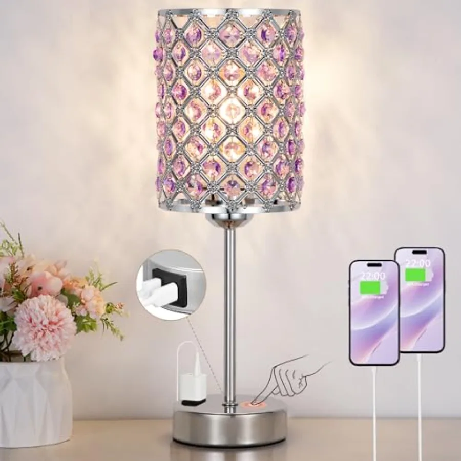 

Lamps for Night Stands-Crystal Table Lamp with USB-C+A and AC Charging Ports, 3-Way Dimmable Nightstand Touch Lamp, Bedside Des