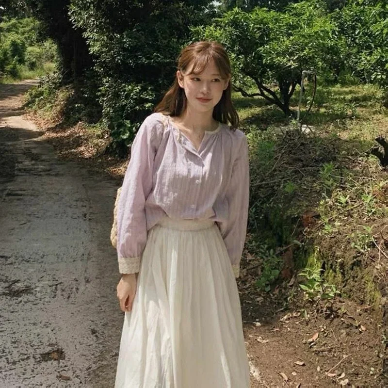 

Shirts Women Patchwork Lace O-Neck Casual Sweet Streetwear Spring New Arrival Long Sleeve Tender All-match Students Clothes Lady