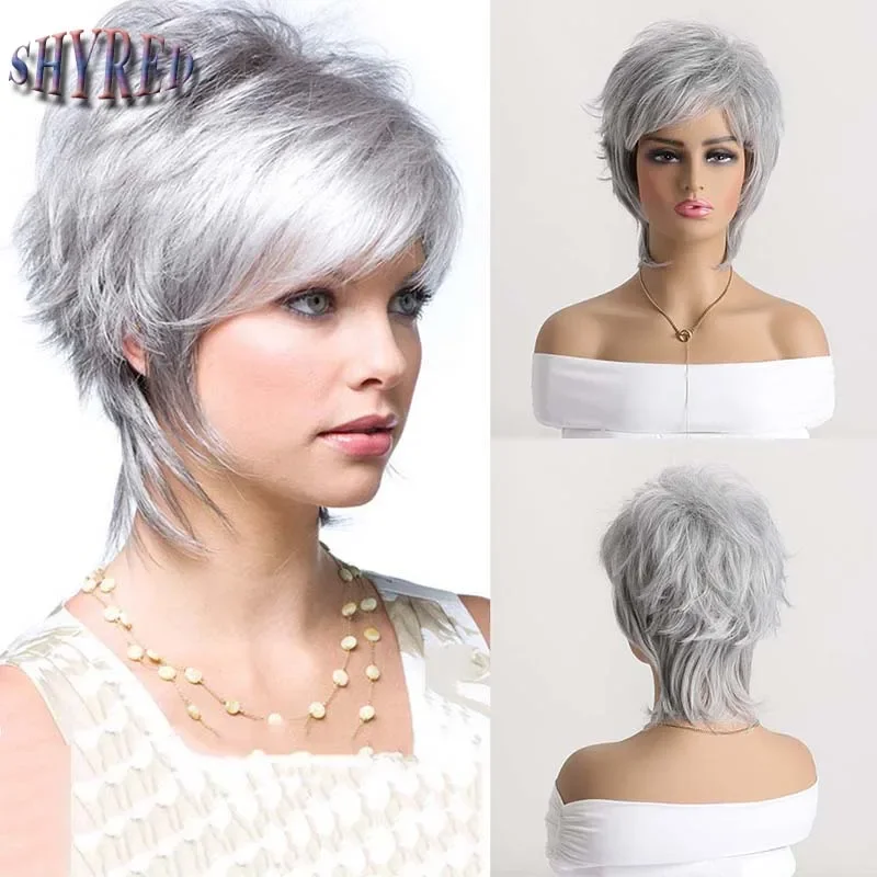 Short Mullet Head Wigs with Bangs Synthetic Curly Gray Hair Wig for Woman Daily Party Cosplay