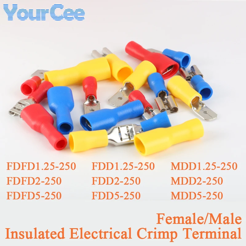 10Pcs FDFD/FDD/MDD1.25-250 2-250 5-250 Female/Male Insulated Electrical Crimp Terminal Connectors Cable Wire Connector PVC