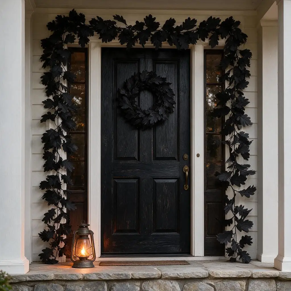 175cm Black Artificial Oak Leaves Garland Halloween Hanging Fake Plant Vine Gothic Spooky Party Wall Mantel Fireplace Decor
