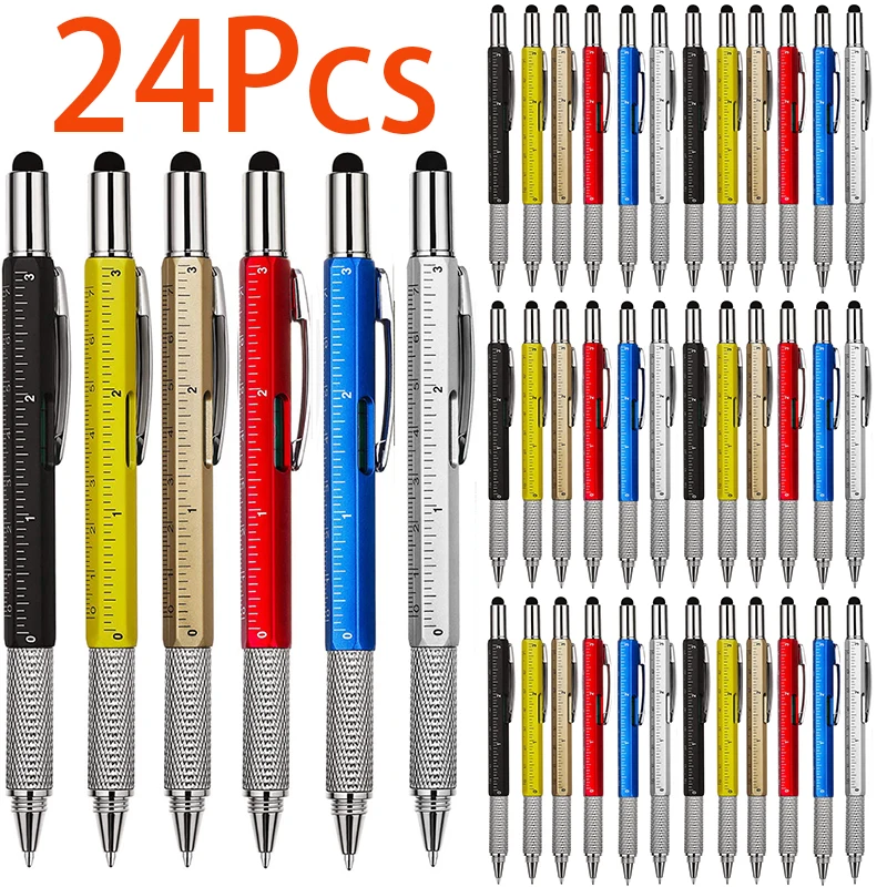 24pcs 6 in1 Multifunction Ballpoint Pen with Handheld Tool Measure Technical Ruler Screwdriver Touch Screen Stylus Spirit Level