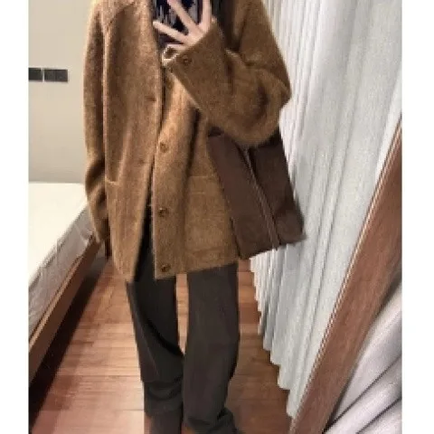 Brown Vintage V-Neck Woolen Coat Women's Autumn Winter High-End Feelings Casual Mid-Length Tweed Coat Commute Loose Fit Warmth