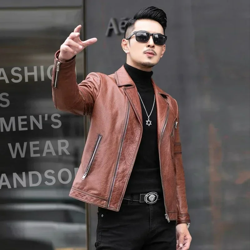 Reddish Brown Sheep Leather Jacket for Men Spring and Autumn New Slim Short Suit Collar Motorcycle Jacket for Men Leather Jacket